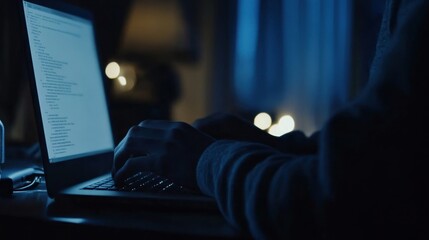 Nighttime coding session: Programmer working late on a laptop computer