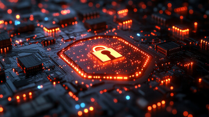 Wall Mural - high tech digital shield with glowing lock symbol