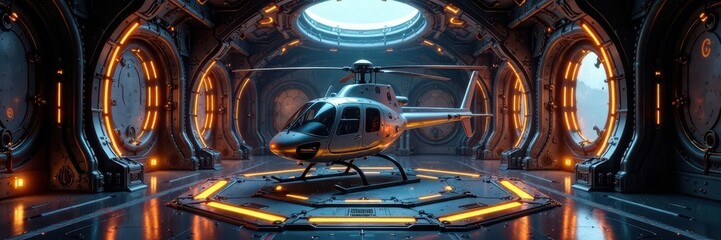 Wall Mural - Intricate metallic room, helicopter rotor details visible , aluminum, view, metal