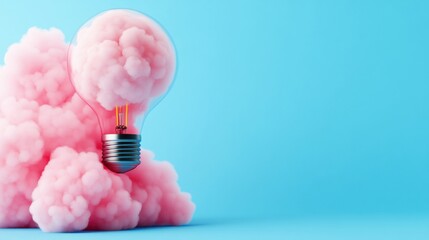 Wall Mural - Light bulb with pink clouds, creative concept on blue background.