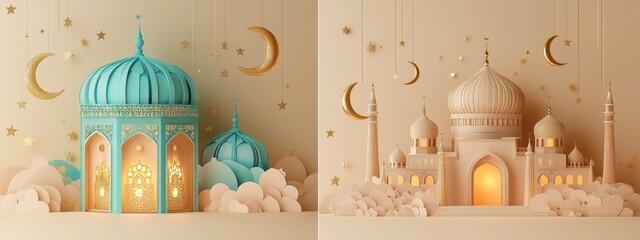 Canvas Print - Elegant Architectural Designs Featuring a Stunning Turquoise Mosque and Pastel Pagoda with Celestial Decor