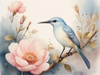 Wall Mural - bird on a branch. illustration, birds, flower, wildlife, cute, cartoon, design