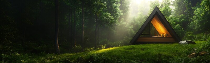 Poster - A serene cabin nestled in a lush forest, illuminated by warm light, surrounded by tall trees and soft, misty ambiance.
