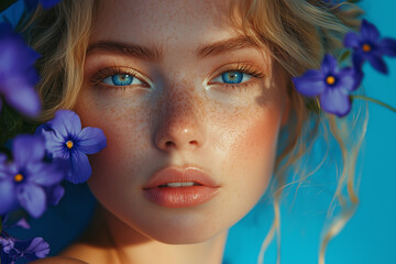 portrait of beautiful young woman with spring flowers with blonde hair. healthy clean fresh skin nat