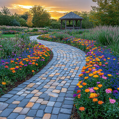 Wall Mural - Winding garden path at sunset with gazebo