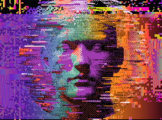 Aufkleber - Glitchy vector illustration of a human face, fragmented with vibrant hues of purple, orange, and green.  Pixelated distortions and digital noise create a futuristic, cyberpunk-inspired aesthetic.