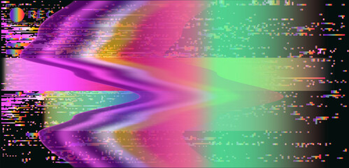 Poster - Vector illustration featuring a vibrant glitchy, abstract digital distortion with waves of pink, purple and green. Pixelated elements and a futuristic aesthetic create a striking visual effect.