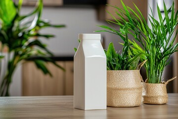 Wall Mural - Vegan lifestyle meets eco-friendly protein. Minimalist milk carton next to potted plants on a wooden table.