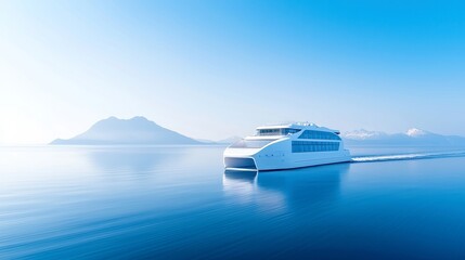 Electric ferry, sleek design gliding over calm waters, carrying passengers with zero emissions, showcasing eco-friendly innovation in marine transportation.