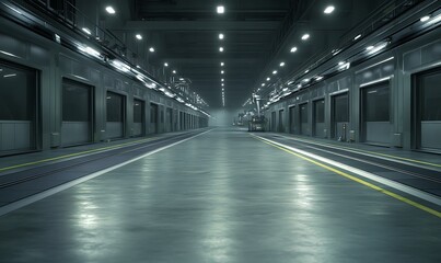 Poster - A spacious, dimly lit industrial interior with polished concrete floors and large, empty loading bays lined by bright overhead lights.