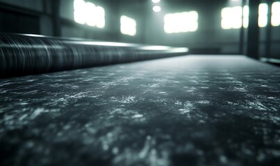 Poster - A dimly lit industrial space features a textured surface, with rolls of material in the foreground and large windows casting soft light.