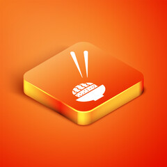 Wall Mural - Isometric Sushi icon isolated on orange background. Traditional Japanese food. Vector.