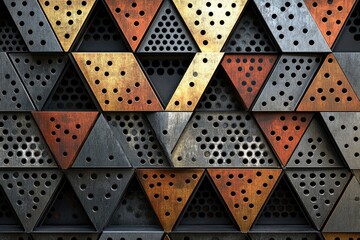 Poster - Geometric pattern of textured metallic triangles in bronze, copper and grey hues.