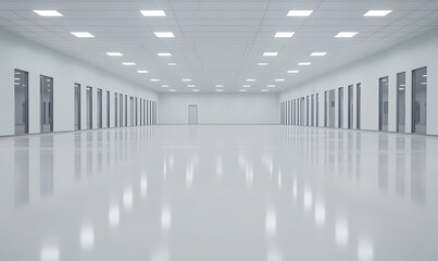 Poster - A spacious, minimalist room with glossy white floors, bright lighting, and numerous doors lining the walls, creating an impression of order and cleanliness.