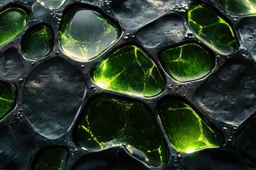 Fototapete - Glowing green liquid trapped in dark, cracked, stone-like cells.