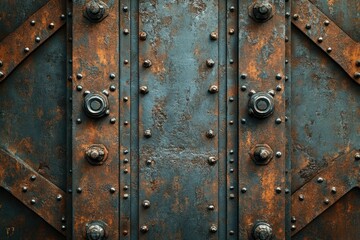 Poster - Rusty metal texture with bolts and rivets, showing age and industrial design.