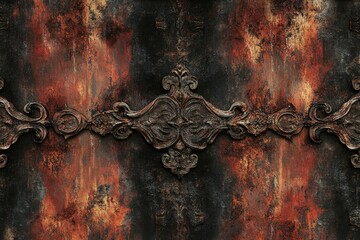 Poster - Ornate rusted metal design with intricate details on a dark, textured background.