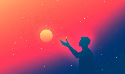 Aufkleber - A silhouette of a person reaching toward a glowing sun in a vibrant, cosmic background of colors and stars.