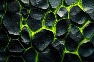 Fototapete - Abstract dark stone texture with glowing green veins, intricate pattern, detailed surface.