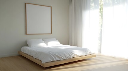 Fototapete - A minimalist bedroom featuring a low wooden bed, white bedding, and large windows allowing natural light to flood the space.