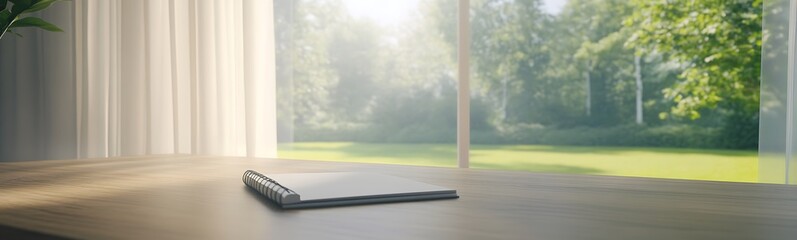 Poster - A serene workspace featuring a laptop on a wooden desk, bathed in natural light, with a lush green view outside through a large window.
