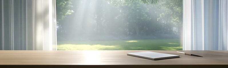 Poster - A serene workspace with soft sunlight streaming through a window, illuminating a wooden table with a notepad and pen.