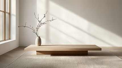 Poster - A minimalist interior features a wooden table, a simple vase with branches, and soft natural light streaming through the window.