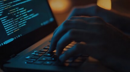 Coding late at night, hands typing code on a laptop in dim lighting