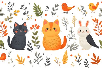 Wall Mural - Cute cats, birds, and a bunny surrounded by autumnal foliage.