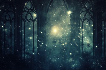 Wall Mural - mystical gothic arch fantasy background with celestial stars and cosmic glow
