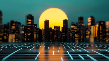 Wall Mural - Neon-lit Futuristic Skyline with Reflective Digital Grid Foreground