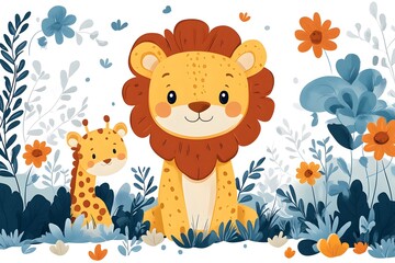 Wall Mural - Adorable Lion and Giraffe in a Floral Jungle Setting