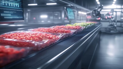 Poster - A high-tech facility showcasing packaged food products on a conveyor belt, highlighting automation and modern technology in food processing.