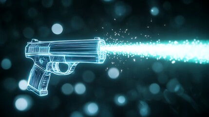 Aufkleber - A futuristic depiction of a holographic handgun emitting a vibrant beam, set against a dark, sparkling background.