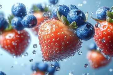 Wall Mural - Fresh summer: Plump blueberries and ripe strawberries covered in water droplets showcasing nature's juicy and refreshing bounty