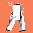© Logvin art - Human hands with a smartphone. Trendy collage banner with hand holding mobile phones. Modern art with halftone effects. Vector pop art illustration.