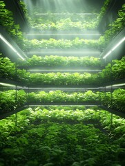 Aufkleber - A lush vertical garden with multiple layers of vibrant green plants illuminated by soft lighting, creating a serene and thriving indoor ecosystem.