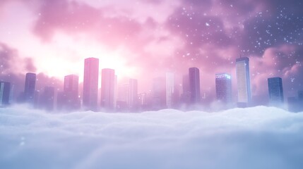Poster - A serene cityscape emerges through a soft, cloudy atmosphere, illuminated by a dreamy pink light, suggesting a futuristic or surreal environment.
