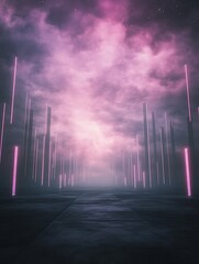Aufkleber - A surreal landscape featuring glowing pillars against a misty, colorful sky, creating a futuristic and ethereal atmosphere.