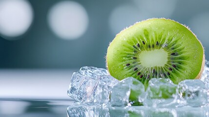 Wall Mural - Kiwi slice on ice cubes, green fruit, refreshing concept