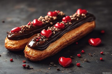 Wall Mural - Valentine's Day ?clairs: decadent chocolate pastries adorned with festive red heart candies and chocolate sprinkles