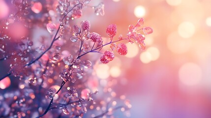Fototapete - Delicate Pink Blossoms Covered in Crystals   Magical Spring Nature Background with Soft Bokeh Lighting and Dew Droplets on the Petals