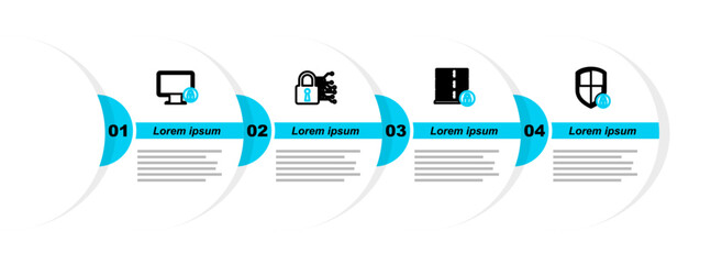 Wall Mural - Set line Shield security with lock, Server, Cyber and Lock on monitor icon. Vector