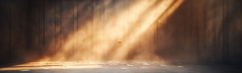 Fototapete - A serene scene with beams of light breaking through a dark space, creating an ethereal atmosphere and highlighting textures on the ground.