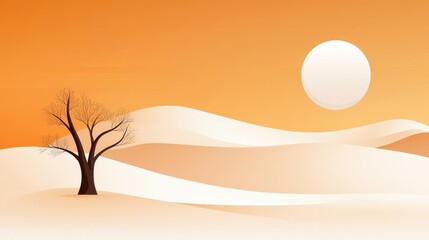 Wall Mural - Serene Desert Landscape at Sunset with Lonely Tree and Orange Sky