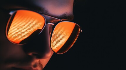 A programmer working on a laptop in a dimly lit room, lines of code reflected on their glasses