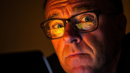 a programmer working on a laptop in a dimly lit room, lines of code reflected on their glasses