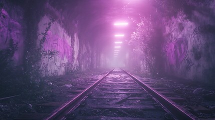 Poster - A dimly lit tunnel featuring railway tracks, illuminated by purple lights, creating a mysterious and atmospheric scene.