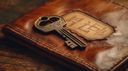 Sticker - Antique key on leather wallet, wooden table, mystery background, adventure concept