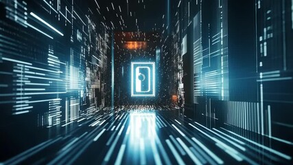 Wall Mural - glowing digital wallet icon floats in center of futuristic cyberspace corridor with binary code stre